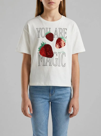 Benetton Creamy White Girls T-Shirt with Print and Sequins SKU: 3I1XC10SF_074 Image 00
