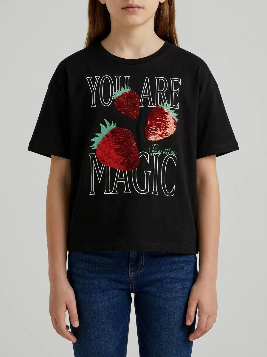 Benetton Black Girls T-Shirt with Print and Sequins SKU: 3I1XC10SF_100 Image 00