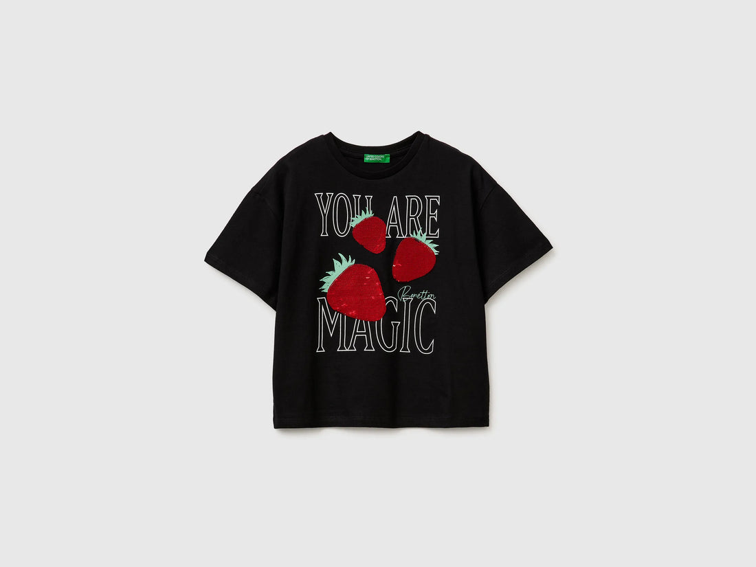 Benetton Black Girls T-Shirt with Print and Sequins SKU: 3I1XC10SF_100 Image 01