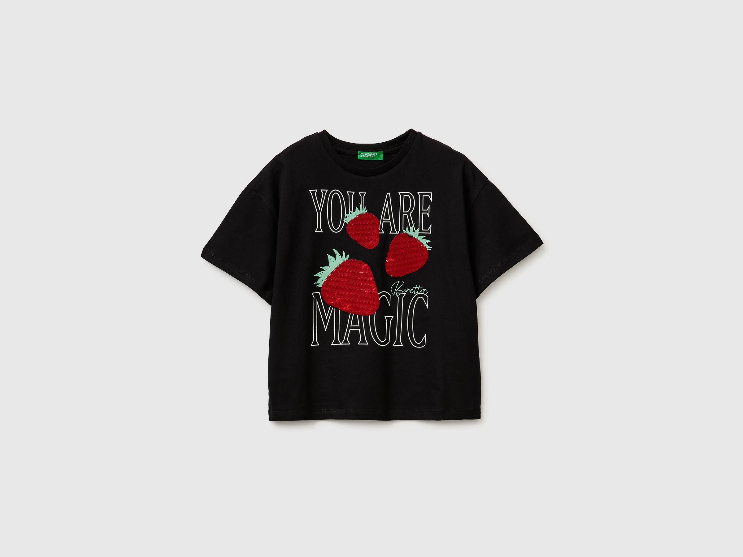 Benetton Black Girls T-Shirt with Print and Sequins SKU: 3I1XC10SF_100 Image 01