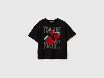 Benetton Black Girls T-Shirt with Print and Sequins SKU: 3I1XC10SF_100 Image 01