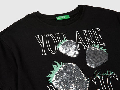 Benetton Black Girls T-Shirt with Print and Sequins SKU: 3I1XC10SF_100 Image 03