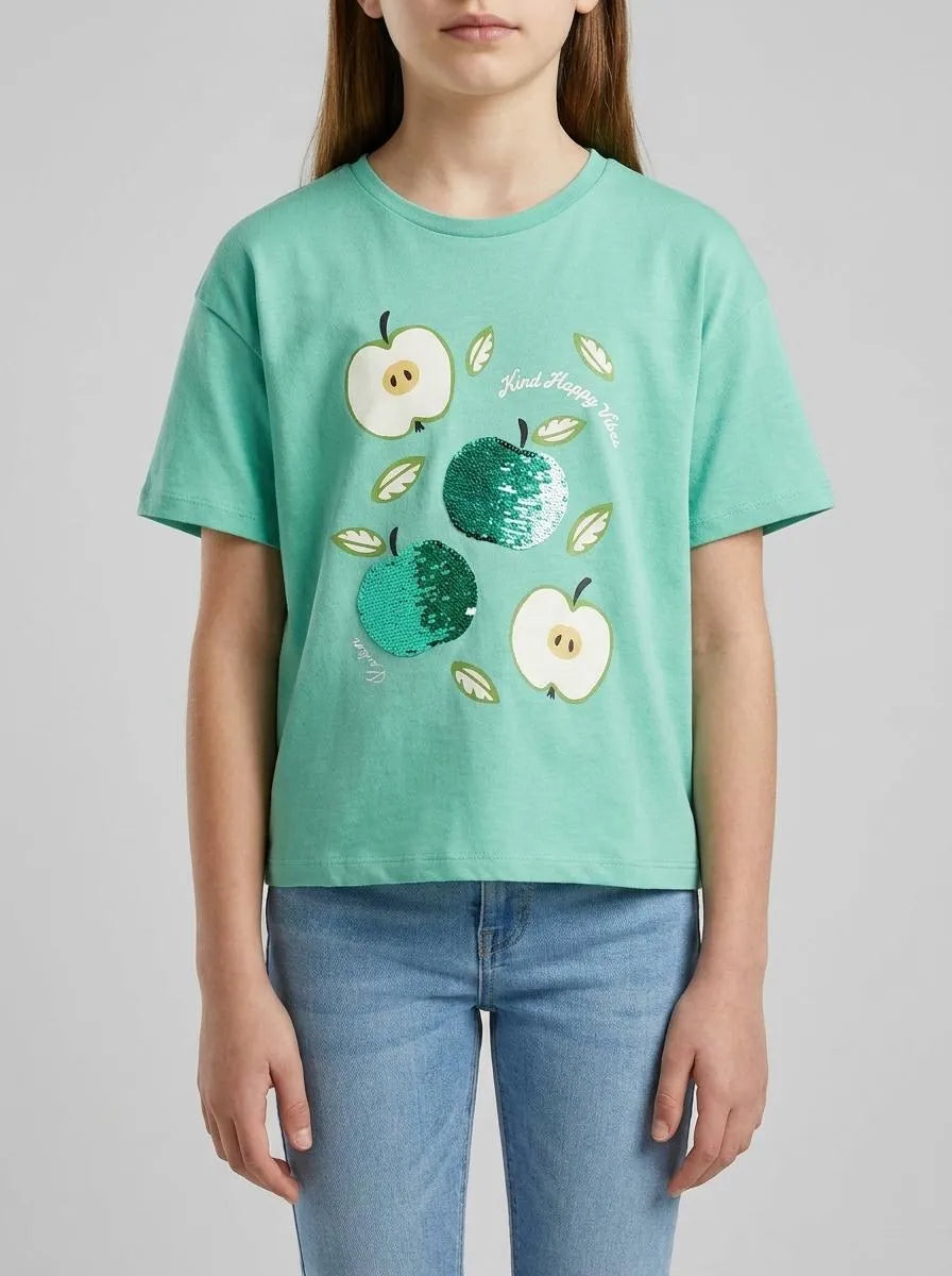 Benetton Aqua Girls T-Shirt with Print and Sequins SKU: 3I1XC10SF_13D Image 00