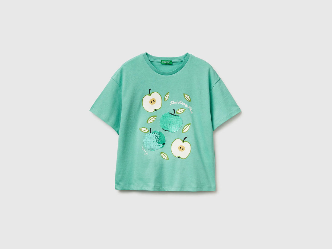 Benetton Aqua Girls T-Shirt with Print and Sequins SKU: 3I1XC10SF_13D Image 01