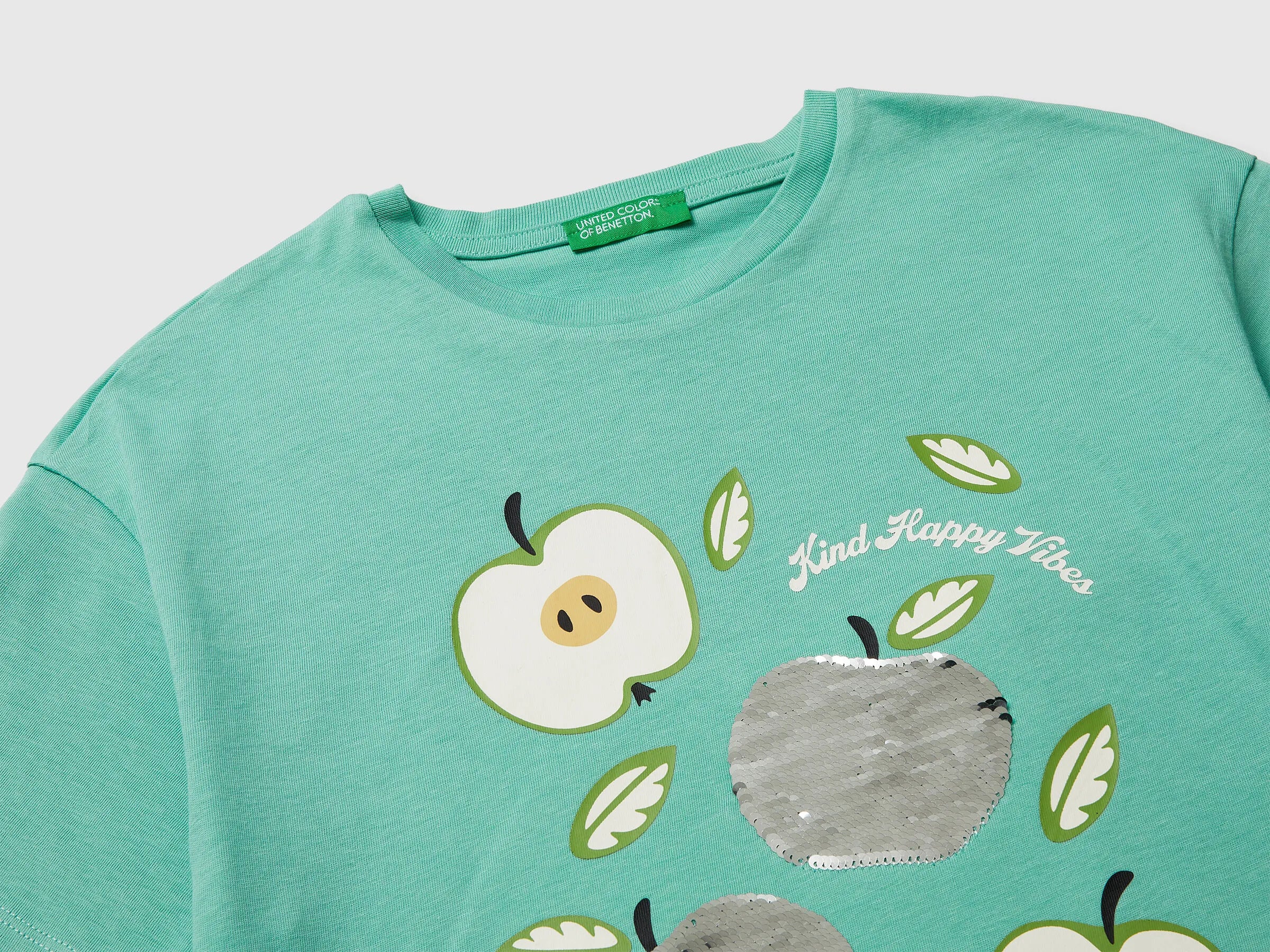 Benetton Aqua Girls T-Shirt with Print and Sequins SKU: 3I1XC10SF_13D Image 03
