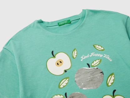Benetton Aqua Girls T-Shirt with Print and Sequins SKU: 3I1XC10SF_13D Image 03