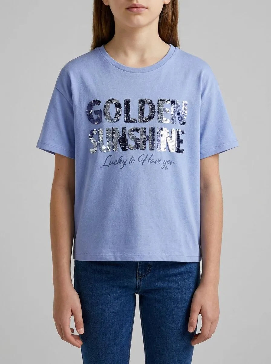Benetton Light Blue Girls T-Shirt with Print and Sequins SKU: 3I1XC10SF_13E Image 00