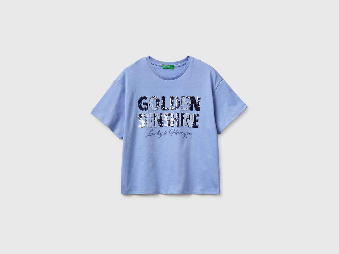 Benetton Light Blue Girls T-Shirt with Print and Sequins SKU: 3I1XC10SF_13E Image 01