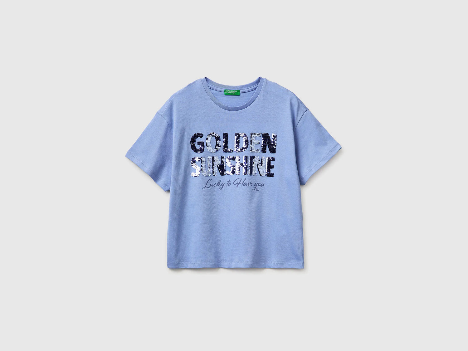 Benetton Light Blue Girls T-Shirt with Print and Sequins SKU: 3I1XC10SF_13E Image 01
