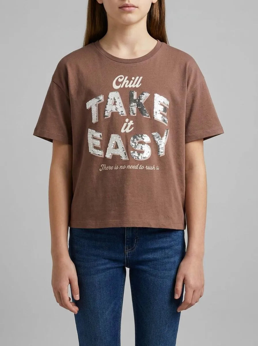 Benetton Brown Girls T-Shirt with Print and Sequins SKU: 3I1XC10SF_24R Image 00