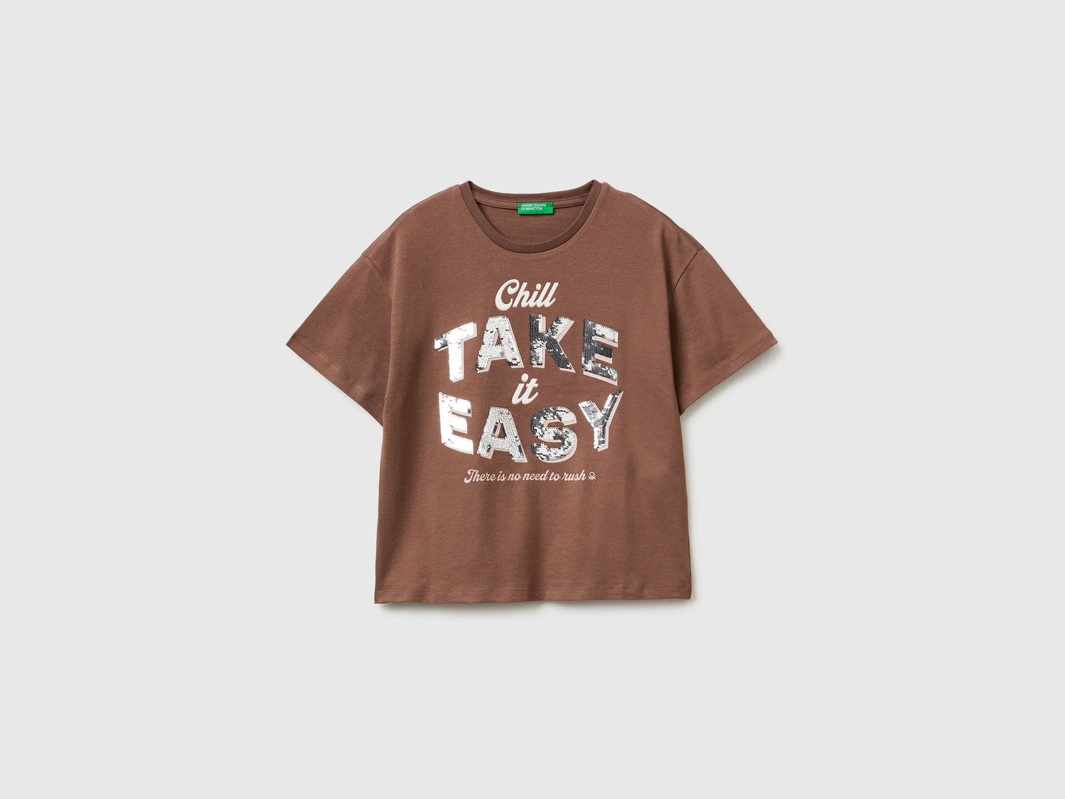 Benetton Brown Girls T-Shirt with Print and Sequins SKU: 3I1XC10SF_24R Image 01