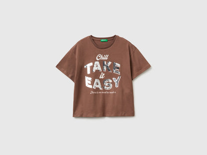 Benetton Brown Girls T-Shirt with Print and Sequins SKU: 3I1XC10SF_24R Image 01