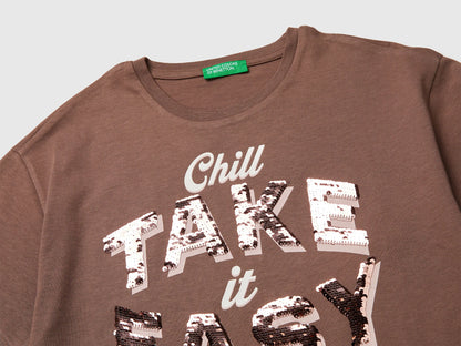 Benetton Brown Girls T-Shirt with Print and Sequins SKU: 3I1XC10SF_24R Image 03