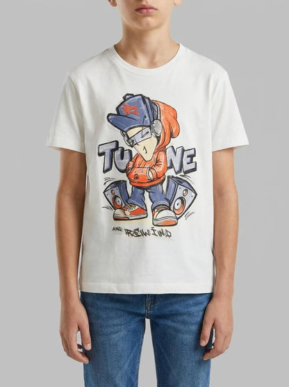 Benetton Creamy White Boys Organic Cotton Printed T-Shirt SKU: 3I1XC10SJ_074 Image 00