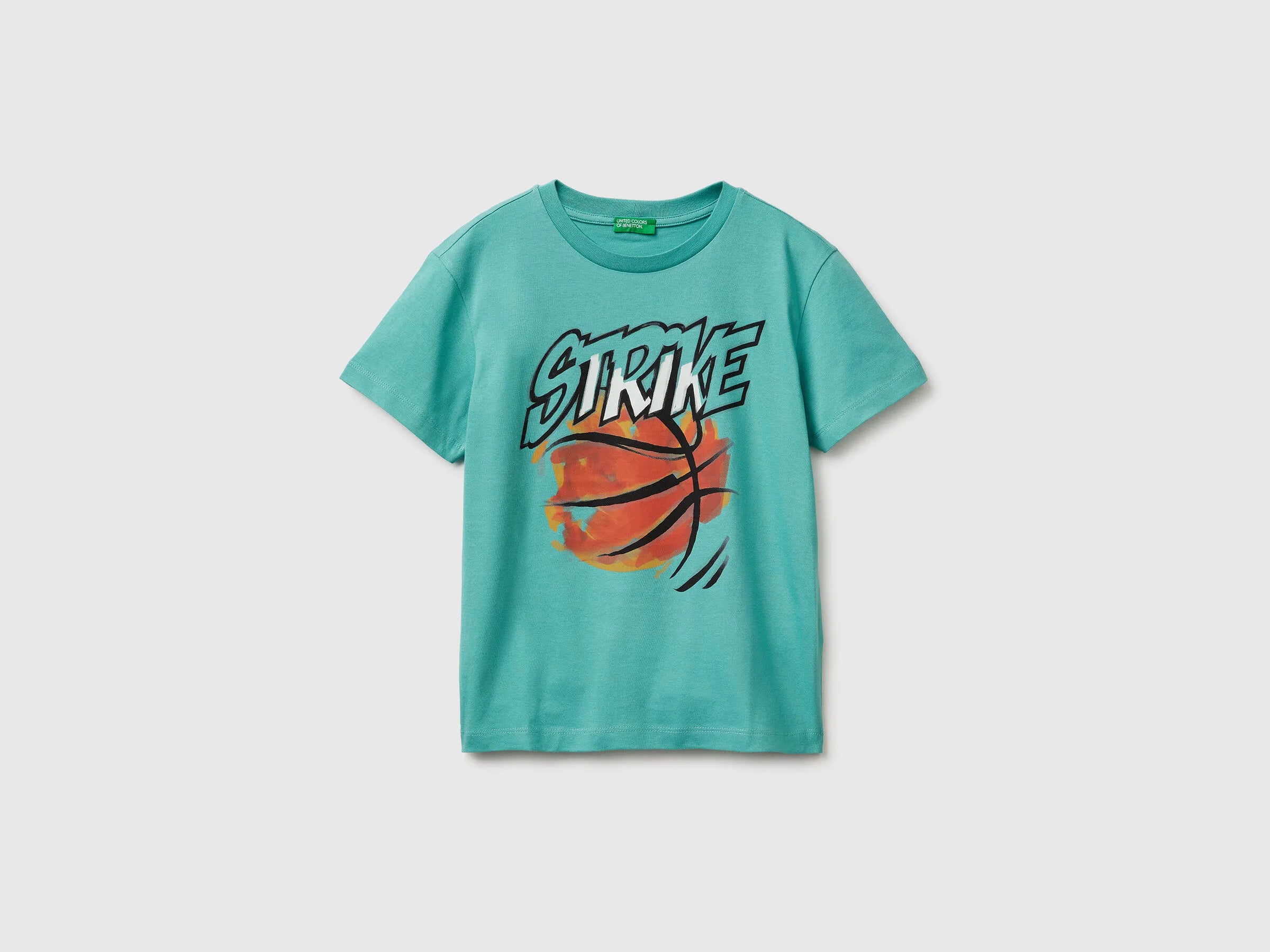 Benetton Light Green Boys Organic Cotton Printed T-Shirt SKU: 3I1XC10SJ_08N Image 01