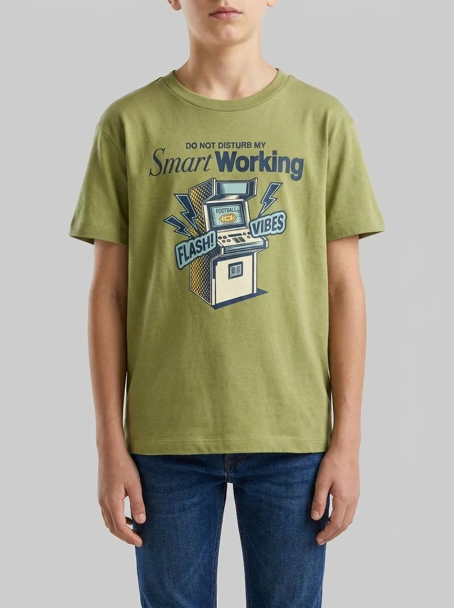Benetton Military Green Boys Organic Cotton Printed T-Shirt SKU: 3I1XC10SJ_1Q1 Image 00