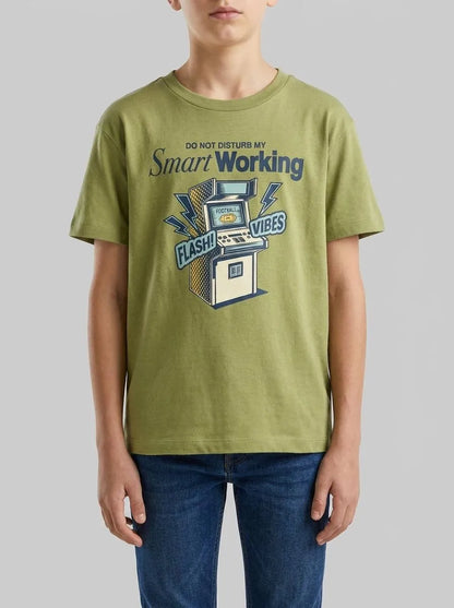 Benetton Military Green Boys Organic Cotton Printed T-Shirt SKU: 3I1XC10SJ_1Q1 Image 00