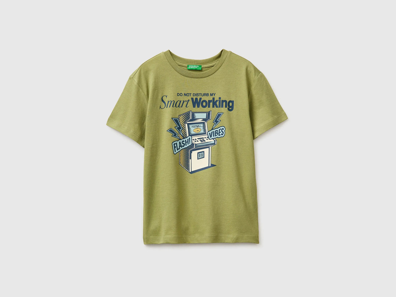 Benetton Military Green Boys Organic Cotton Printed T-Shirt SKU: 3I1XC10SJ_1Q1 Image 01