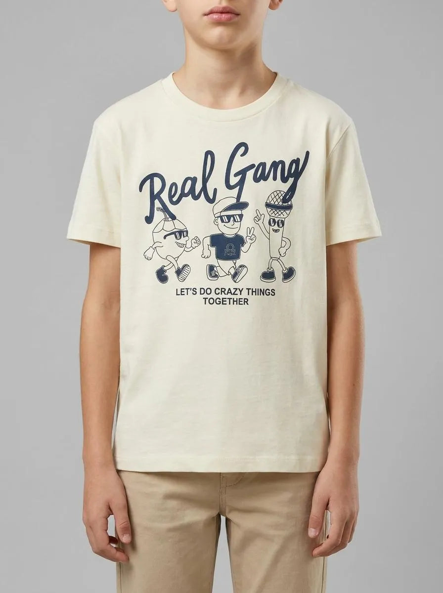 Benetton Creamy White Boys Organic Cotton Printed T-Shirt SKU: 3I1XC10SJ_3C9 Image 00