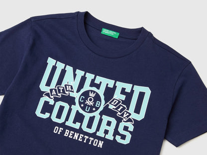 Benetton Blue Boys Organic Cotton T-Shirt with Logo Print SKU: 3I1XC10TF_252 Image 03