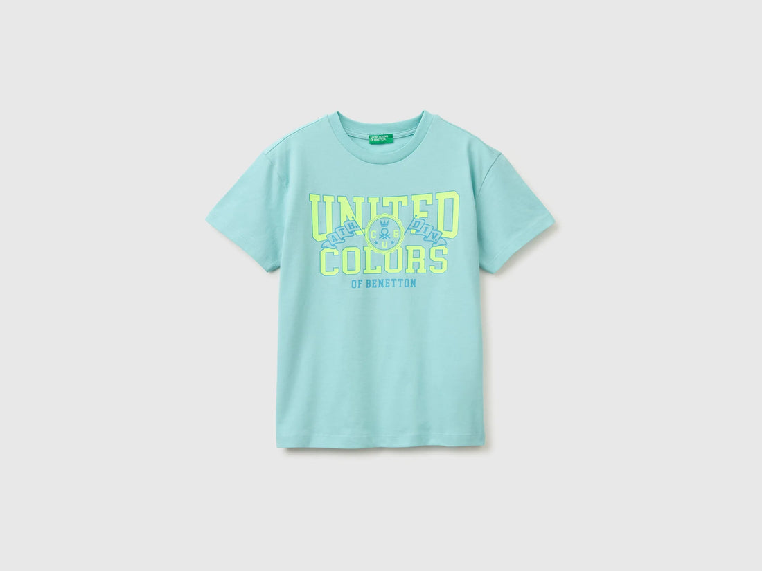 Benetton Blue Boys Organic Cotton T-Shirt with Logo Print SKU: 3I1XC10TF_3L7 Image 01
