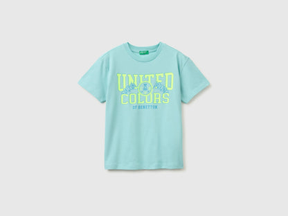 Benetton Blue Boys Organic Cotton T-Shirt with Logo Print SKU: 3I1XC10TF_3L7 Image 01