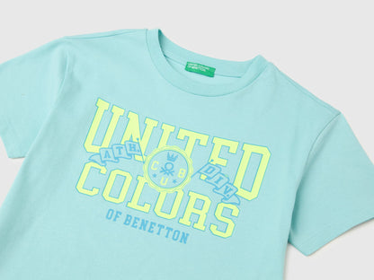 Benetton Blue Boys Organic Cotton T-Shirt with Logo Print SKU: 3I1XC10TF_3L7 Image 03