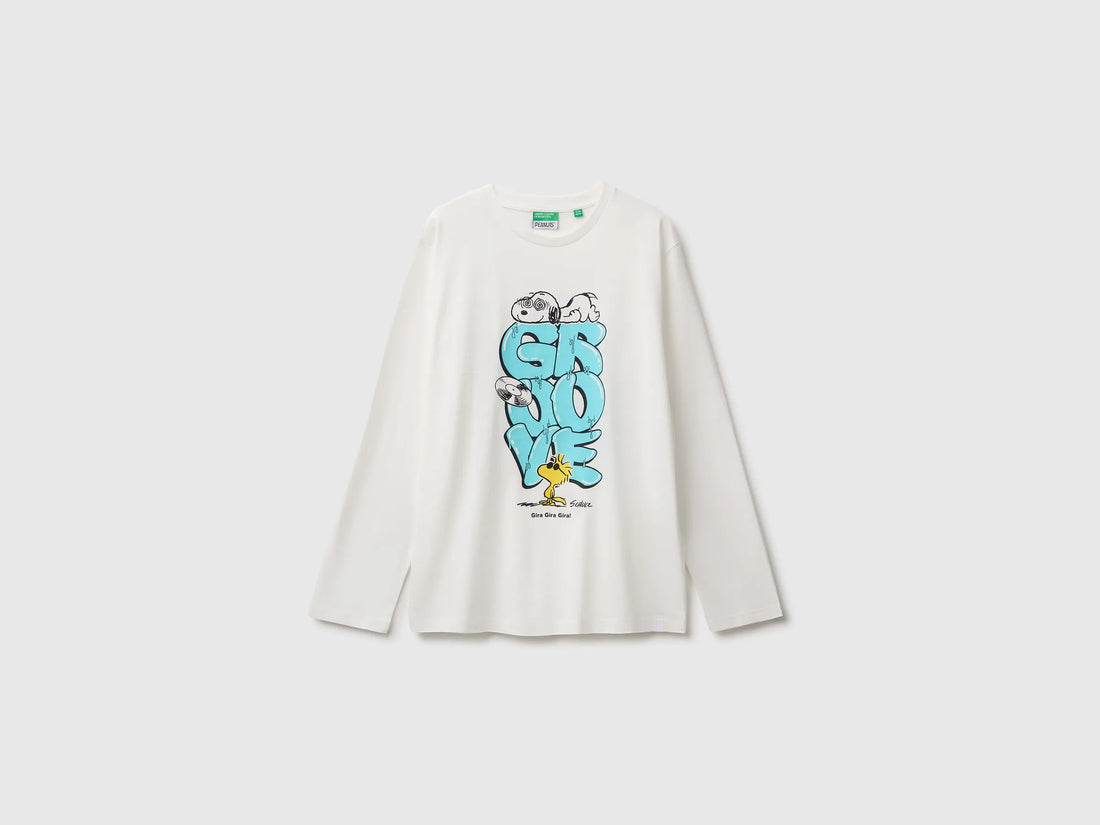 Benetton Creamy White Boys Long Sleeve T-Shirt ©Peanuts SKU: 3I1XC10U4_074 Image 01