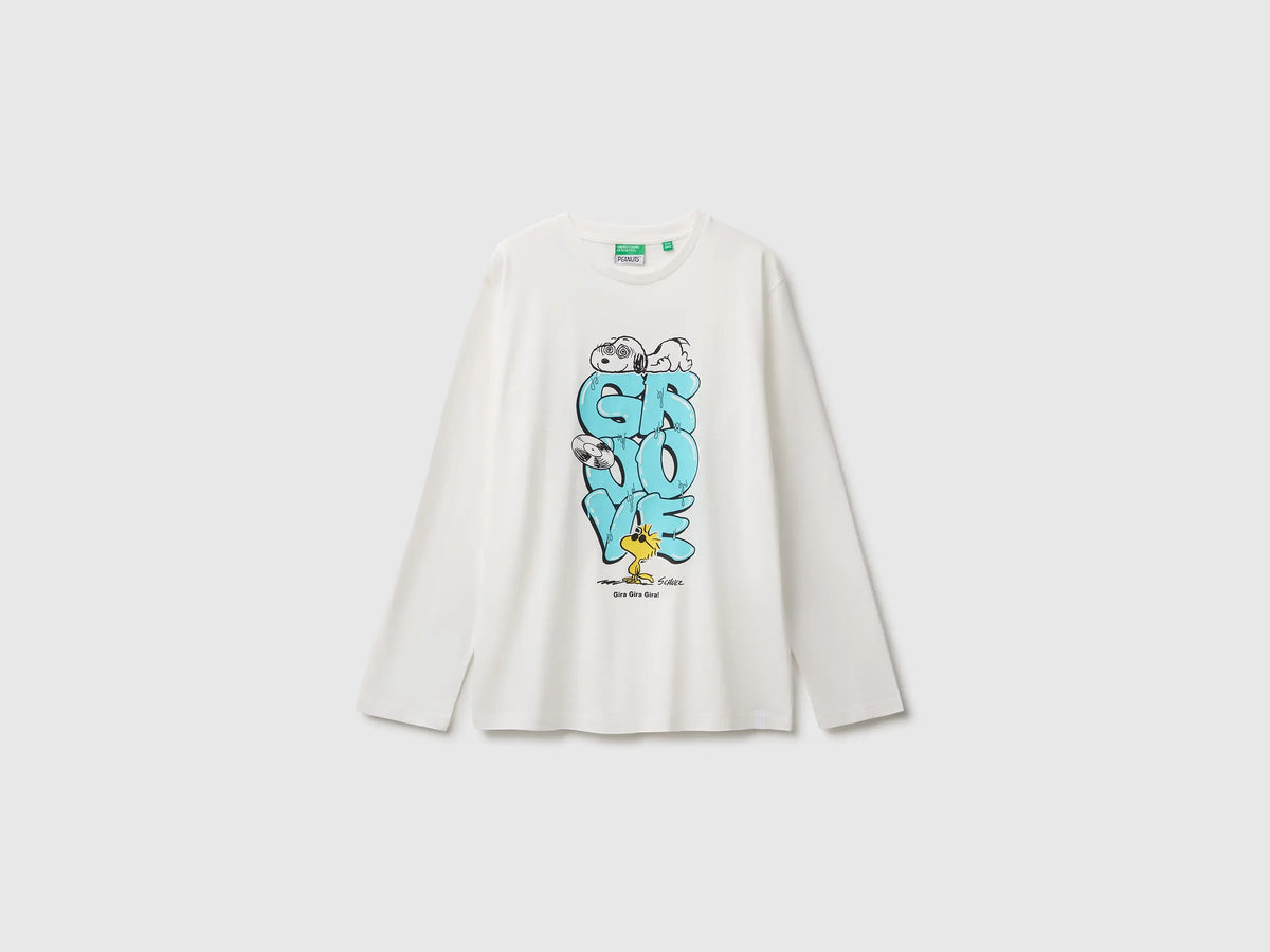 Benetton Creamy White Boys Long Sleeve T-Shirt ©Peanuts SKU: 3I1XC10U4_074 Image 01