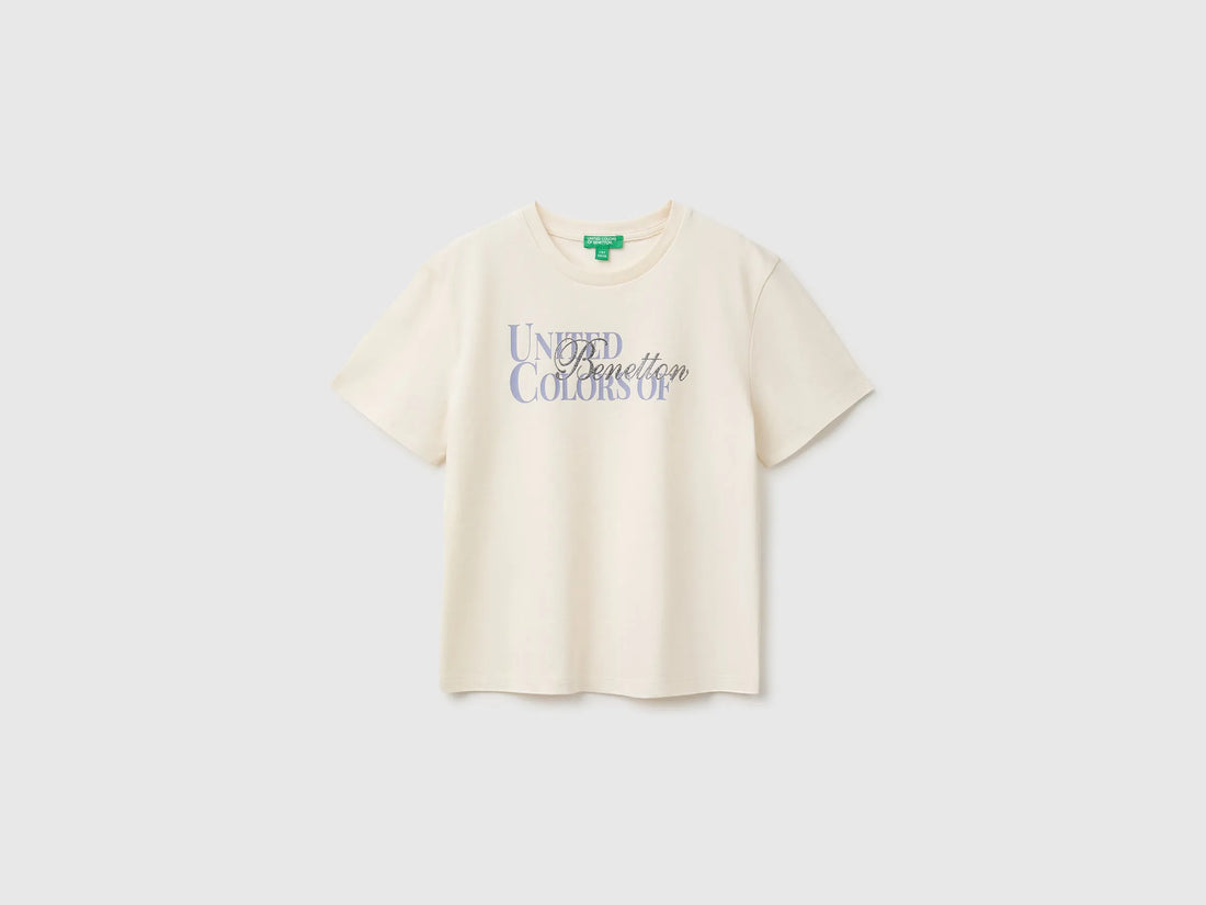 Benetton Creamy White Girls Glitter Print T-Shirt SKU: 3I1XC10U9_0R2 Image 01