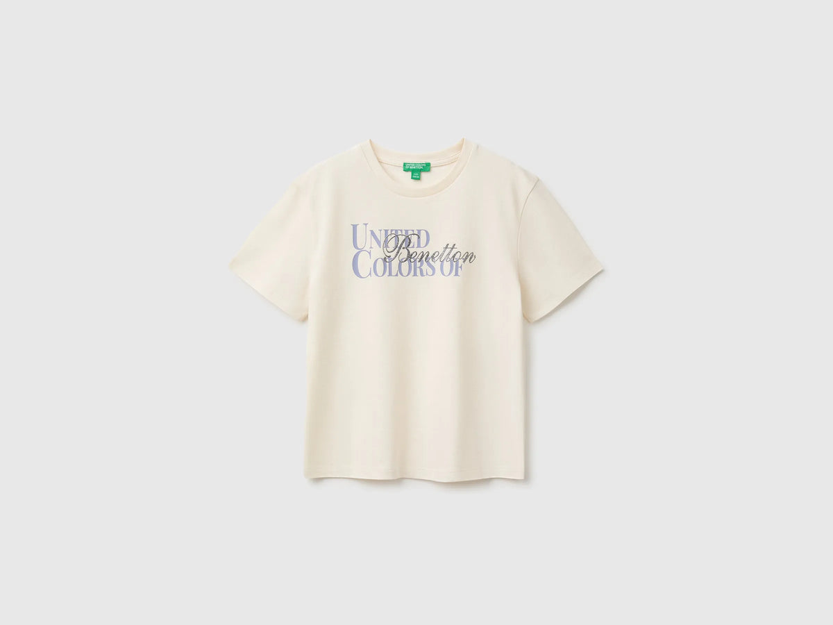 Benetton Creamy White Girls Glitter Print T-Shirt SKU: 3I1XC10U9_0R2 Image 01