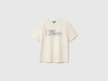 Benetton Creamy White Girls Glitter Print T-Shirt SKU: 3I1XC10U9_0R2 Image 01