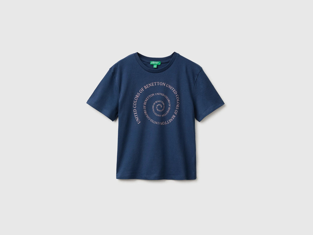 Benetton Blue Girls Glitter Print T-Shirt SKU: 3I1XC10U9_355 Image 01