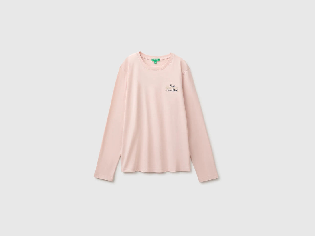 Benetton Soft Pink Girls Organic Cotton T-Shirt with Embroidery SKU: 3I1XC10UB_08Q Image 01