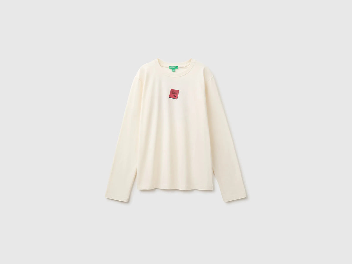 Benetton Creamy White Girls Organic Cotton T-Shirt with Embroidery SKU: 3I1XC10UB_0R2 Image 01