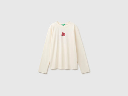 Benetton Creamy White Girls Organic Cotton T-Shirt with Embroidery SKU: 3I1XC10UB_0R2 Image 01