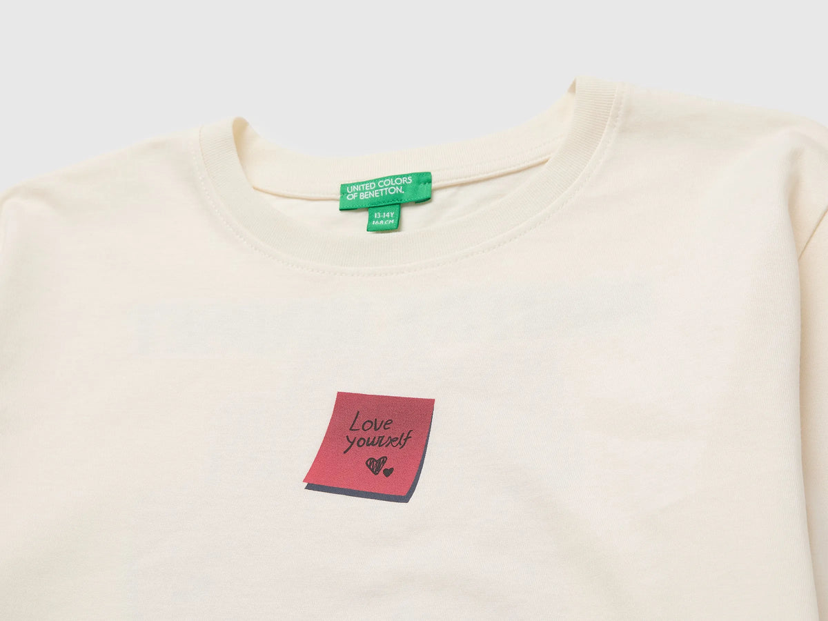 Benetton Creamy White Girls Organic Cotton T-Shirt with Embroidery SKU: 3I1XC10UB_0R2 Image 03