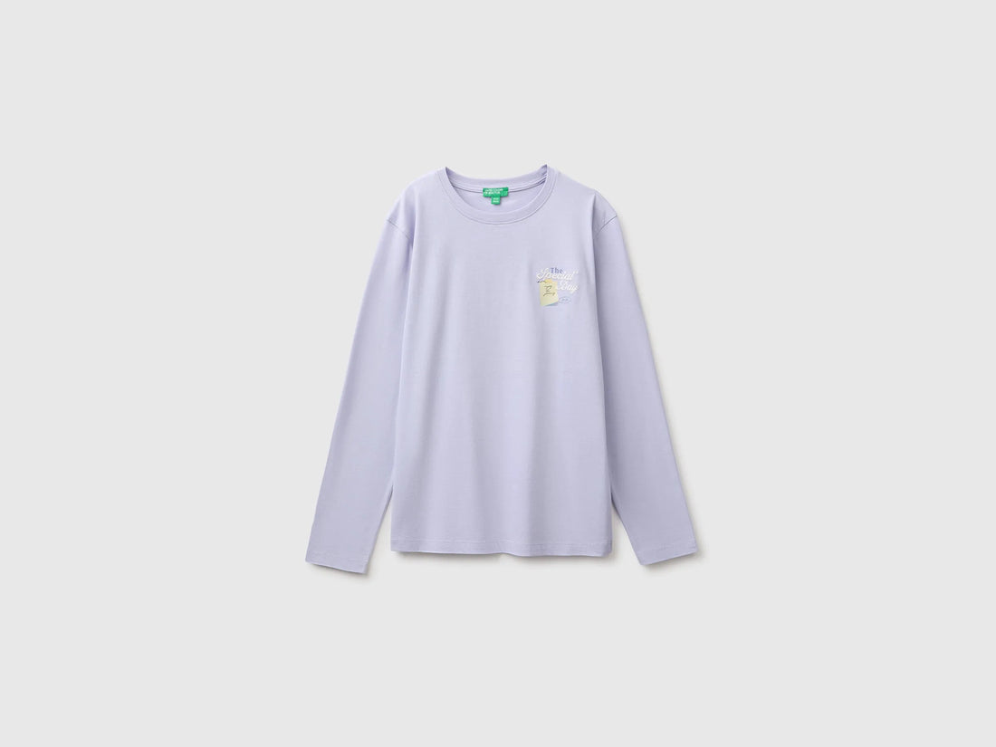 Benetton Lavender Girls Organic Cotton T-Shirt with Embroidery SKU: 3I1XC10UB_19B Image 01
