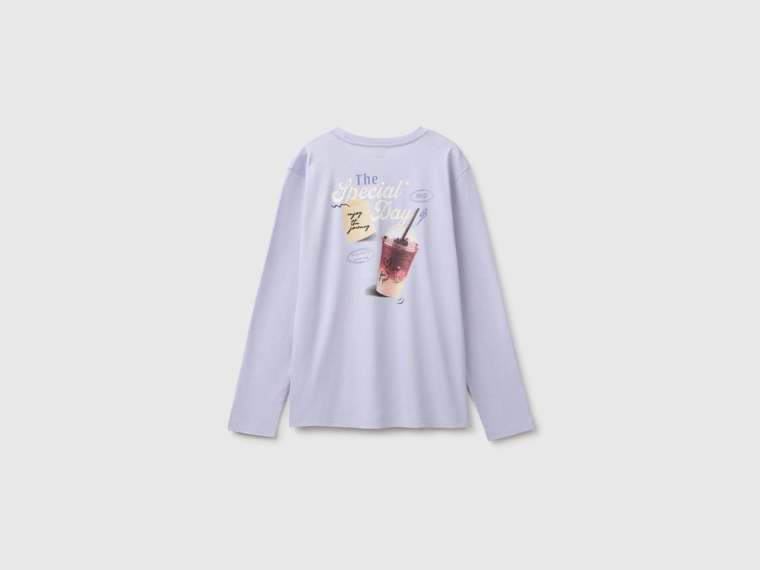 Benetton Lavender Girls Organic Cotton T-Shirt with Embroidery SKU: 3I1XC10UB_19B Image 02