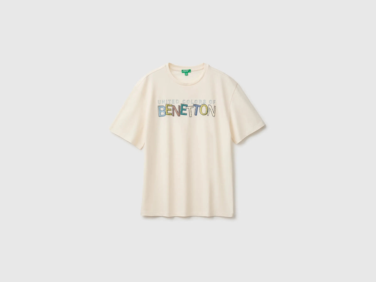 Benetton Creamy White Boys Short-Sleeved T-Shirt with Print SKU: 3I1XC10UE_0R2 Image 01