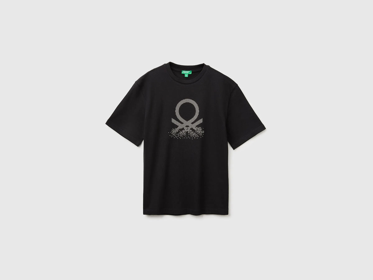Benetton Black Boys Short-Sleeved T-Shirt with Print SKU: 3I1XC10UE_100 Image 01