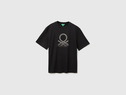 Benetton Black Boys Short-Sleeved T-Shirt with Print SKU: 3I1XC10UE_100 Image 01