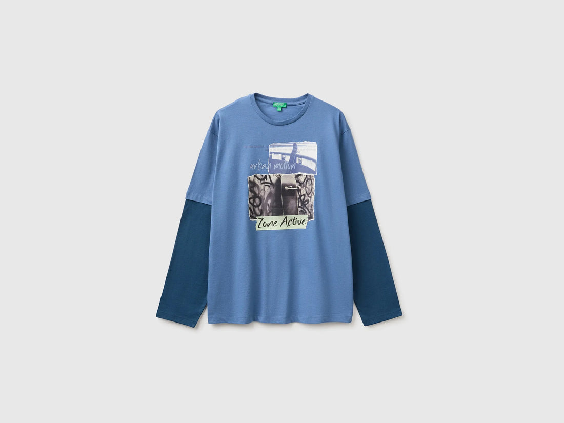 Benetton Blue Boys Over-Fit T-Shirt in Organic Cotton SKU: 3I1XC10UI_0G6 Image 01