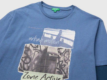 Benetton Blue Boys Over-Fit T-Shirt in Organic Cotton SKU: 3I1XC10UI_0G6 Image 03