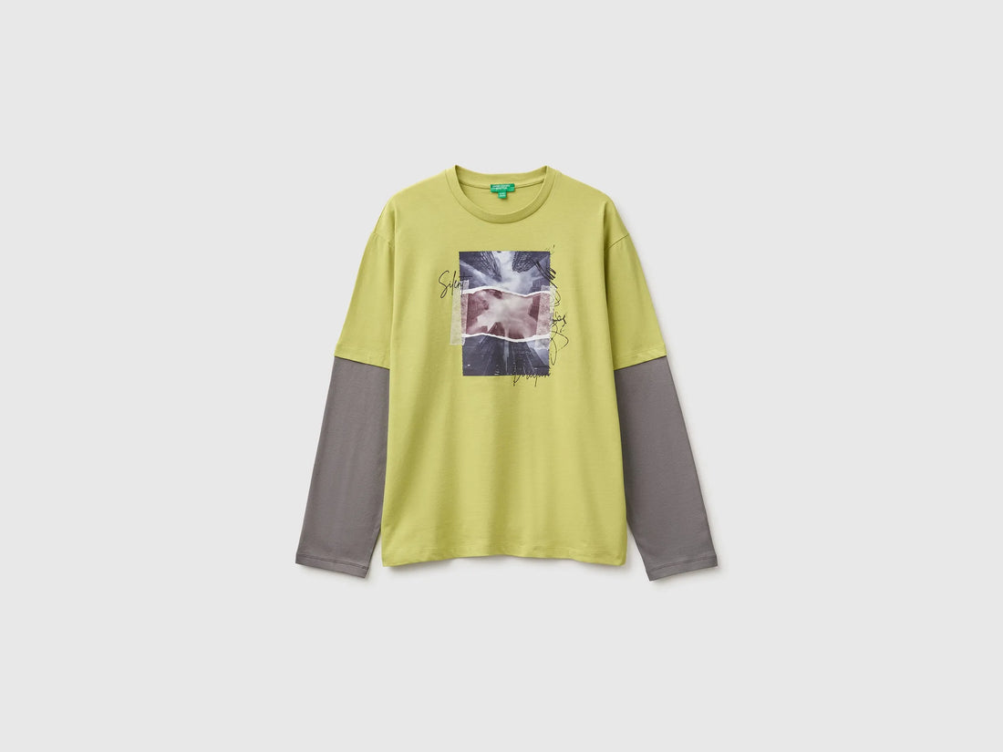 Benetton Lime Boys Over-Fit T-Shirt in Organic Cotton SKU: 3I1XC10UI_168 Image 01