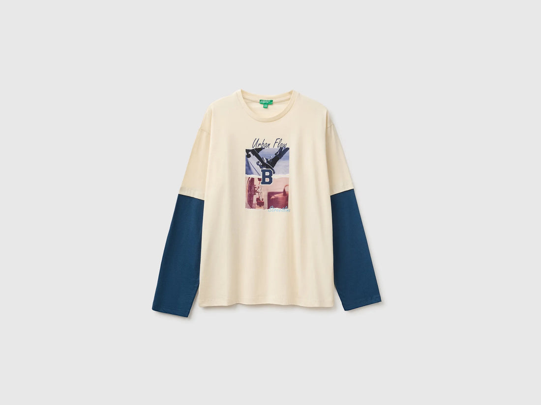 Benetton Creamy White Boys Over-Fit T-Shirt in Organic Cotton SKU: 3I1XC10UI_3C9 Image 01