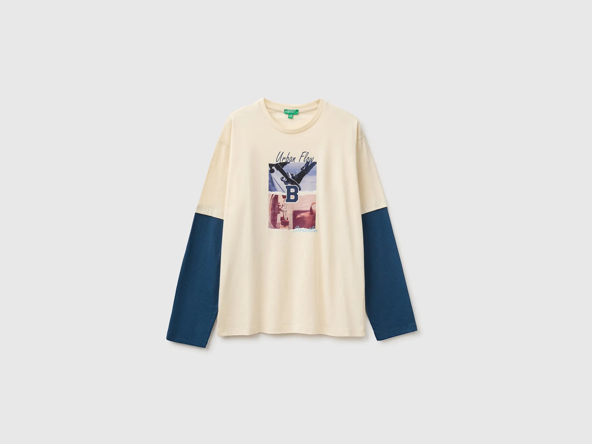 Benetton Creamy White Boys Over-Fit T-Shirt in Organic Cotton SKU: 3I1XC10UI_3C9 Image 01