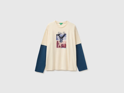 Benetton Creamy White Boys Over-Fit T-Shirt in Organic Cotton SKU: 3I1XC10UI_3C9 Image 01