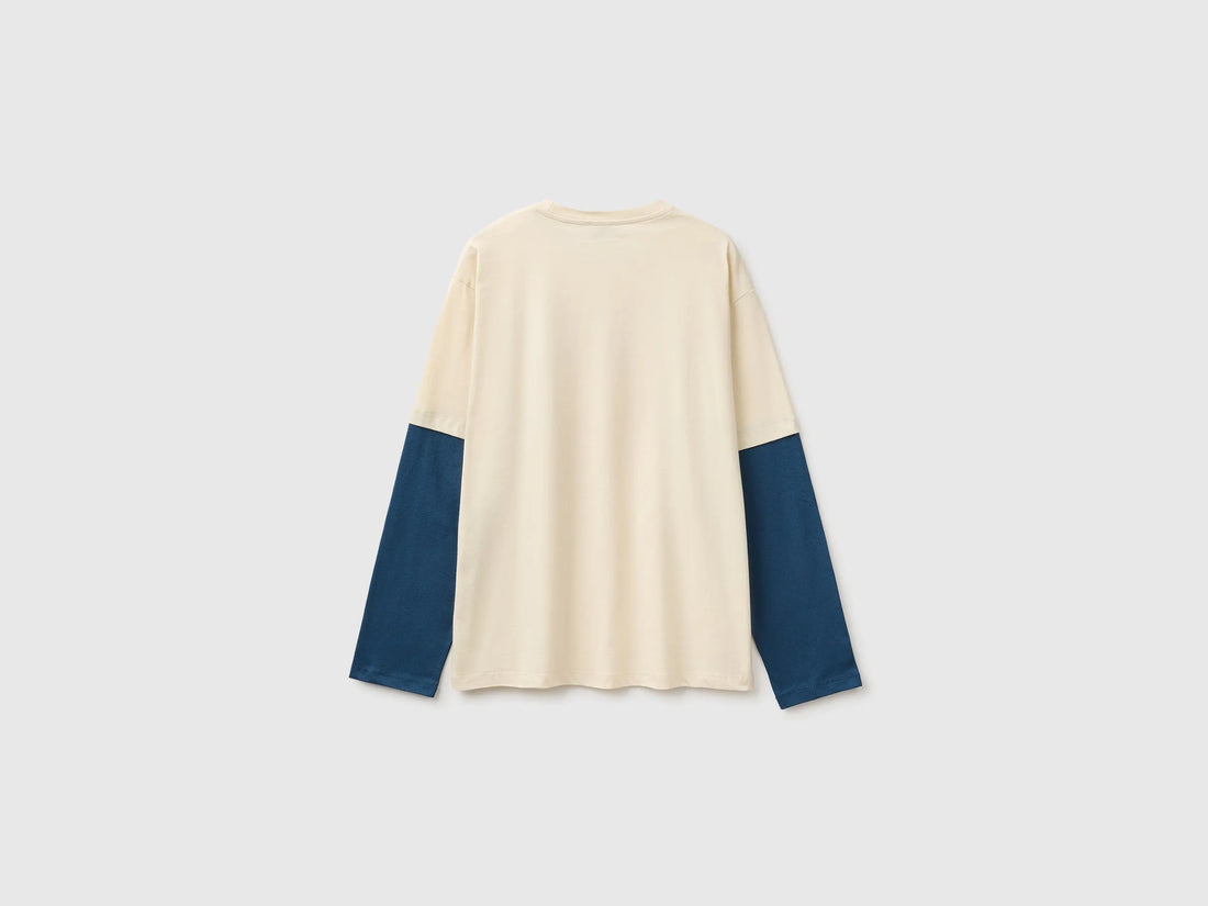 Benetton Creamy White Boys Over-Fit T-Shirt in Organic Cotton SKU: 3I1XC10UI_3C9 Image 02