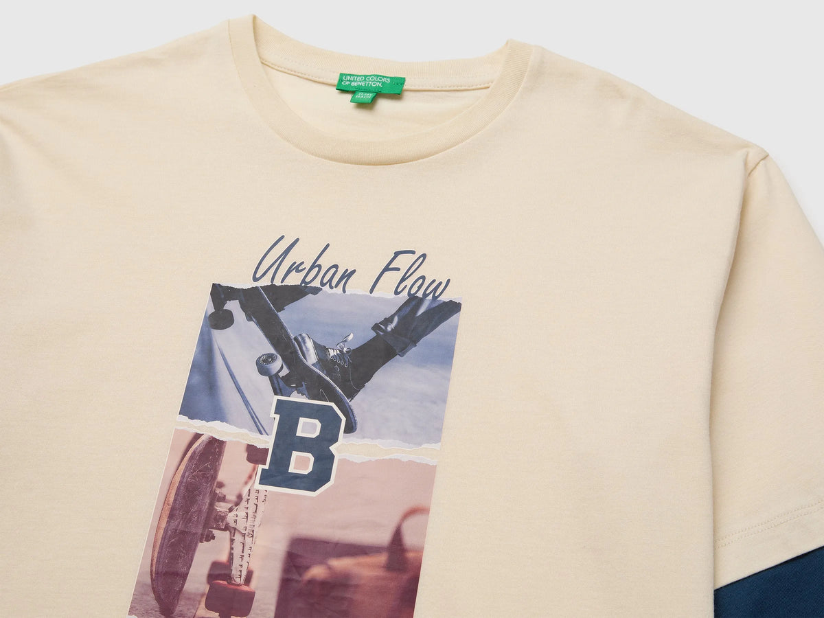 Benetton Creamy White Boys Over-Fit T-Shirt in Organic Cotton SKU: 3I1XC10UI_3C9 Image 03